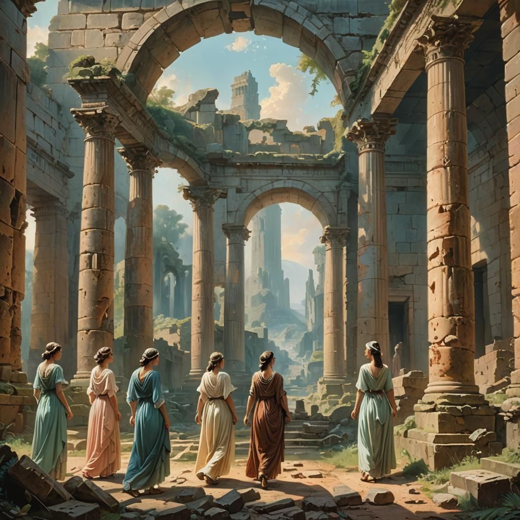Ancient Ruins with Ethereal Figures in Pastel Oil