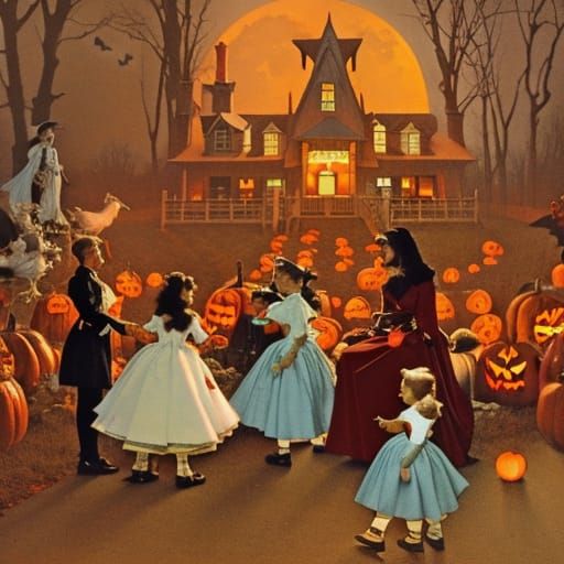 Norman Rockwell photo-illustration, circa 1960 Halloween nig...