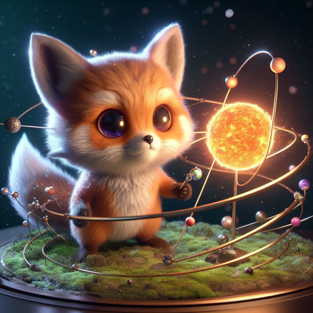 adorable chibi fox controlling the solar system, organic tra...