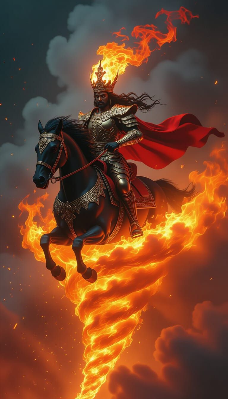 Ifirit Queen, fire Jinn, intricately detailed, extremely ornate, full body portrait, riding atop a flaming tornado of fire, engulfed in smoke...