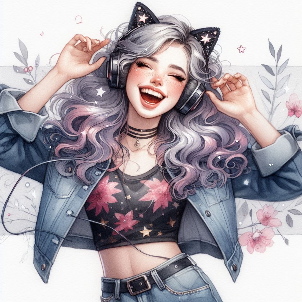 watercolor drawing of a cute laughing young seventeen-year-old Russian woman