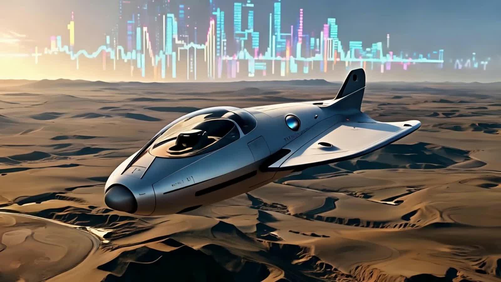 A lone, retro-futuristic flying vehicle hovers silently over a vast, desolate landscape, rendered in a painterly quality...