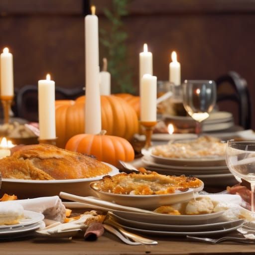 DSLR of a large Thanksgiving feast on a table with turkey, b...