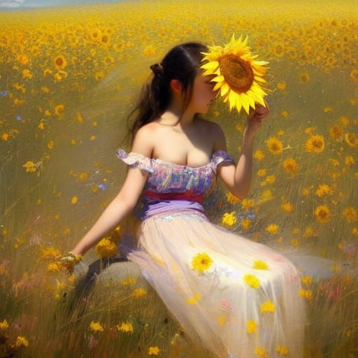 Anime Girl in Sunflower Meadow, Pino Daeni Style