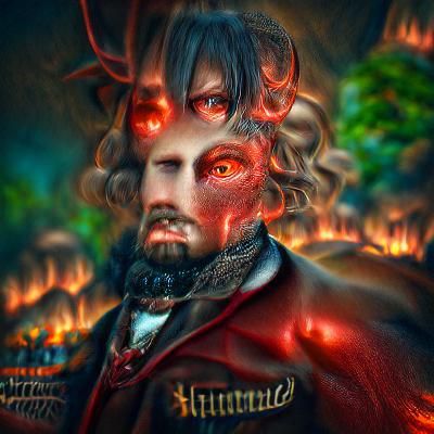 Satan in human form with flames around him and a scar over h...
