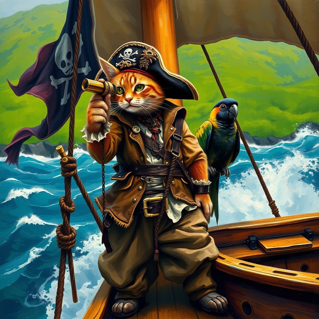 Piraten Katze mit Fernrohr auf einem Piratenschiff  by @Mona