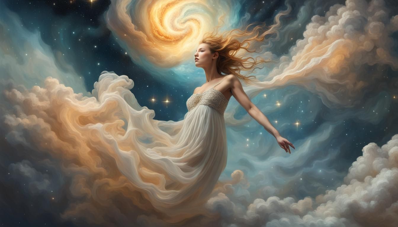 "A beautiful ethereal being floats amongst the Stellar winds and newborn stars and sculpts the billowing clouds, creating a dynamic, ever-ch...