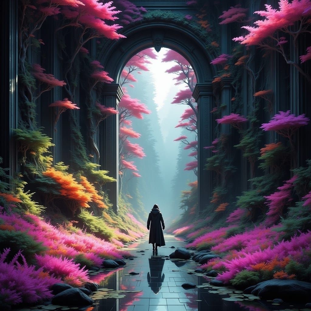 <lora:CortexFluxtasia:1.0> Extremely detailed film still of centered Magical arched gateway covered in magical overgrowth, leading into entr...