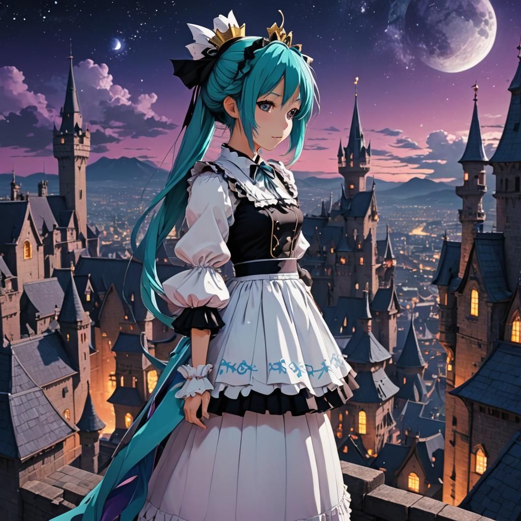 Miku Kobato Maid Goddess on Castle Rooftop in Vibrant, Ether...