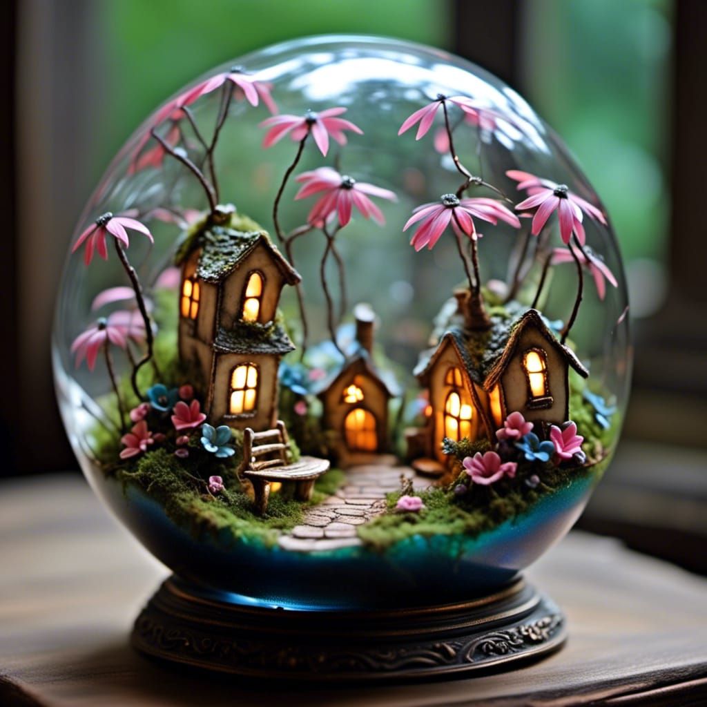 Whimsical Fairy Wonderland. Inside of a glass or plus sphere with fairies <lora:Glass-orbs-spheres:1.0> 