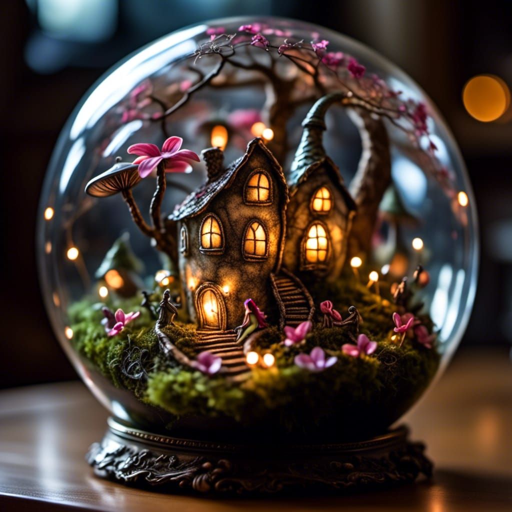 Whimsical Fairy Wonderland. Inside of a glass or plus sphere with fairies <lora:Glass-orbs-spheres:1.0> 