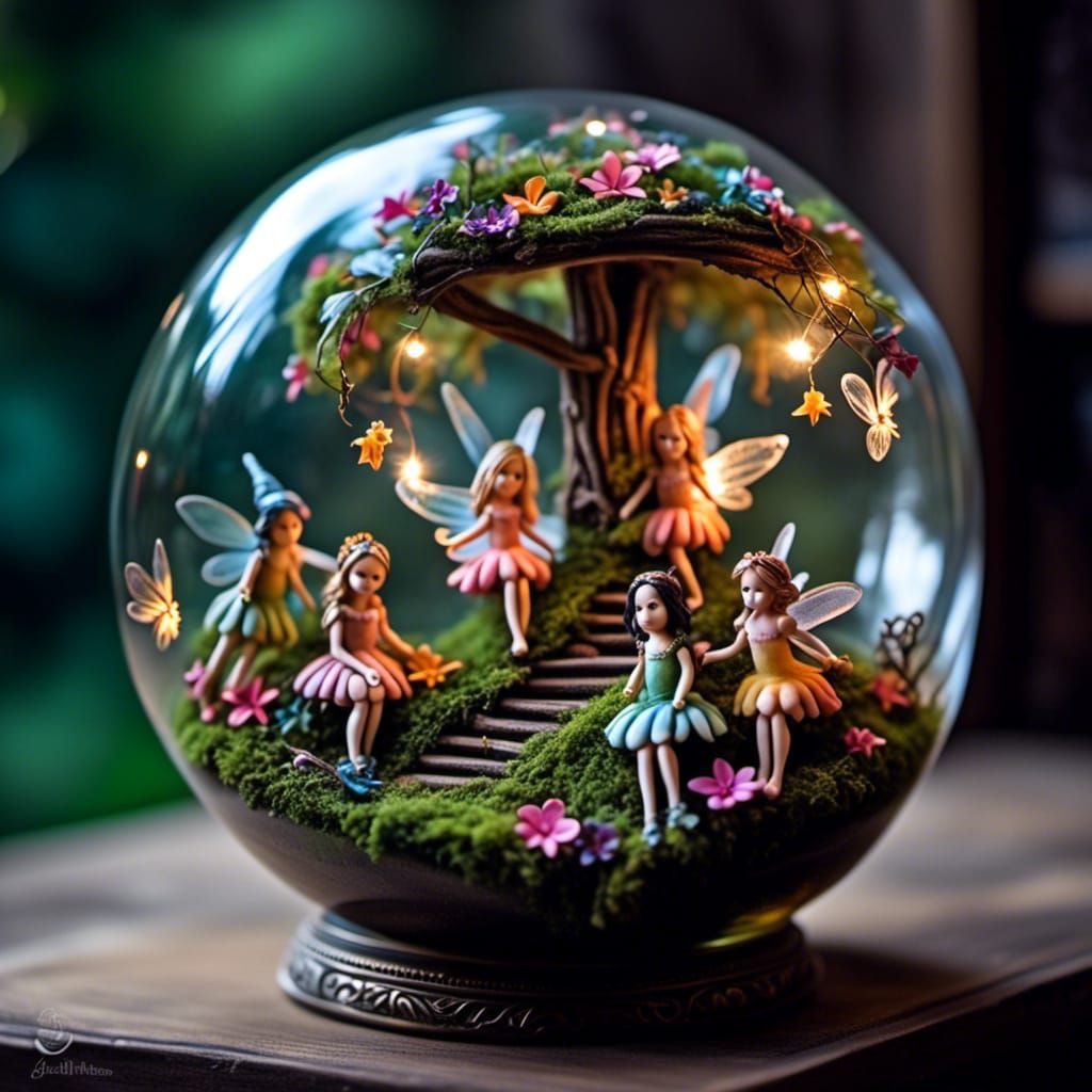 Whimsical Fairy Wonderland. Inside of a glass or plus sphere with fairies <lora:Glass-orbs-spheres:1.0> 
