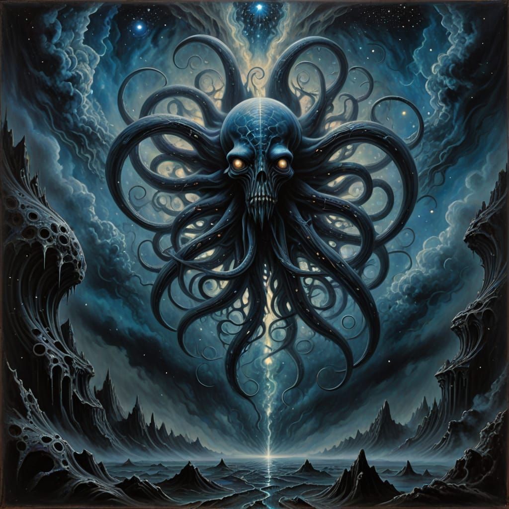 Masterpiece Monday. A cosmic horror scene depicting a colossal, eldritch entity emerging from a swirling nebula, its form defying earthly ge...