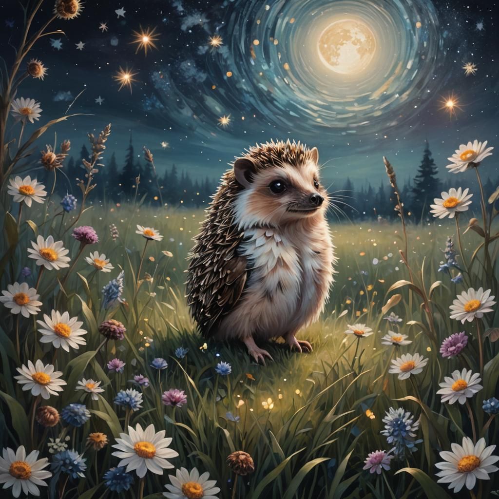 Starlit night with a moon in a meadow with a hedgehog, mice ...