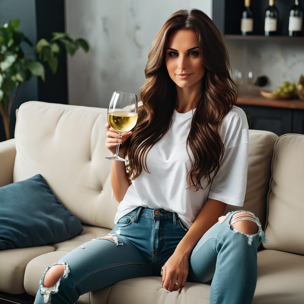 A full body shot of an attractive brunette wearing a t-shirt...