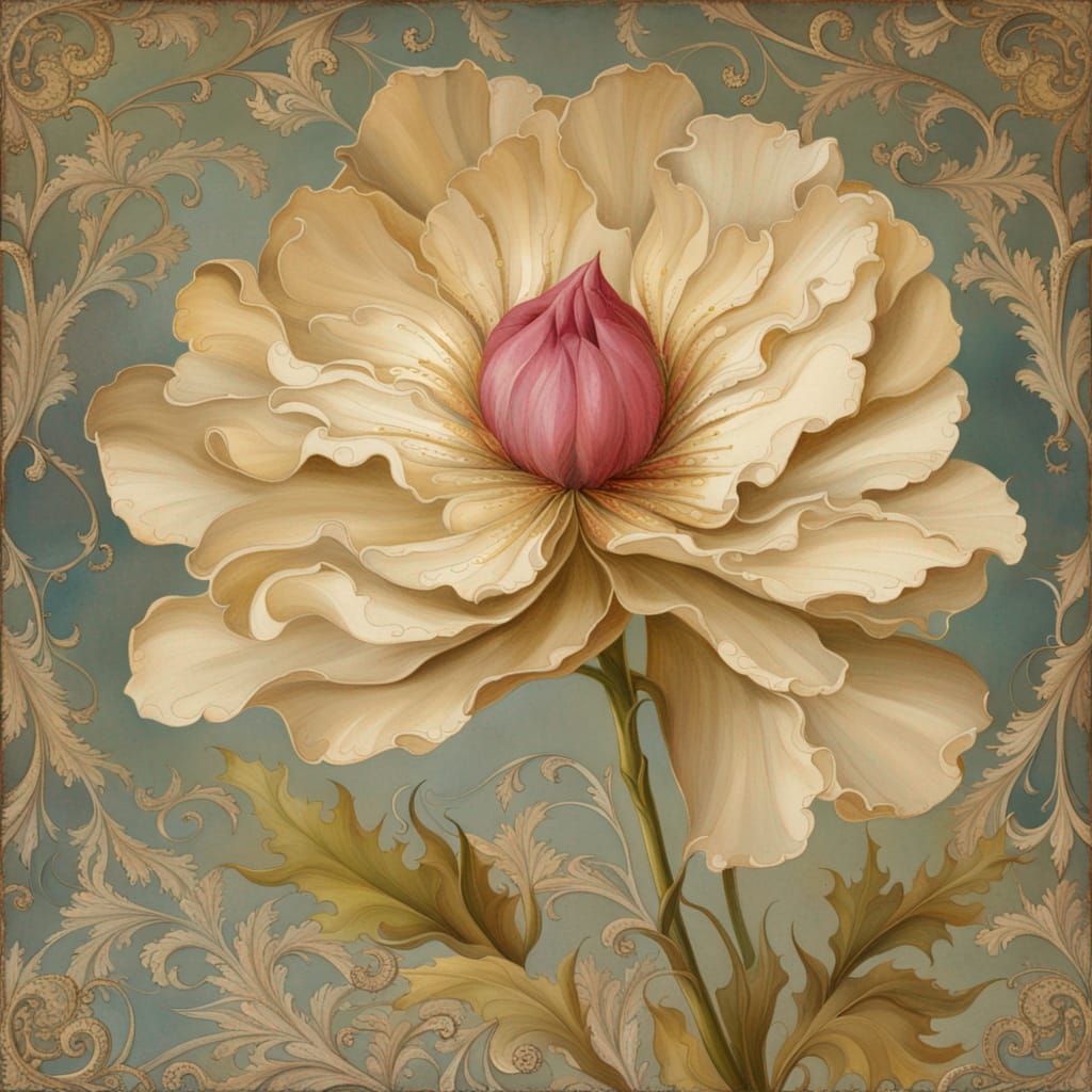 A painting of a faded flower with pointed petals decorated with delicate ornate gilded filagree scrollwork ...  by @g r r c