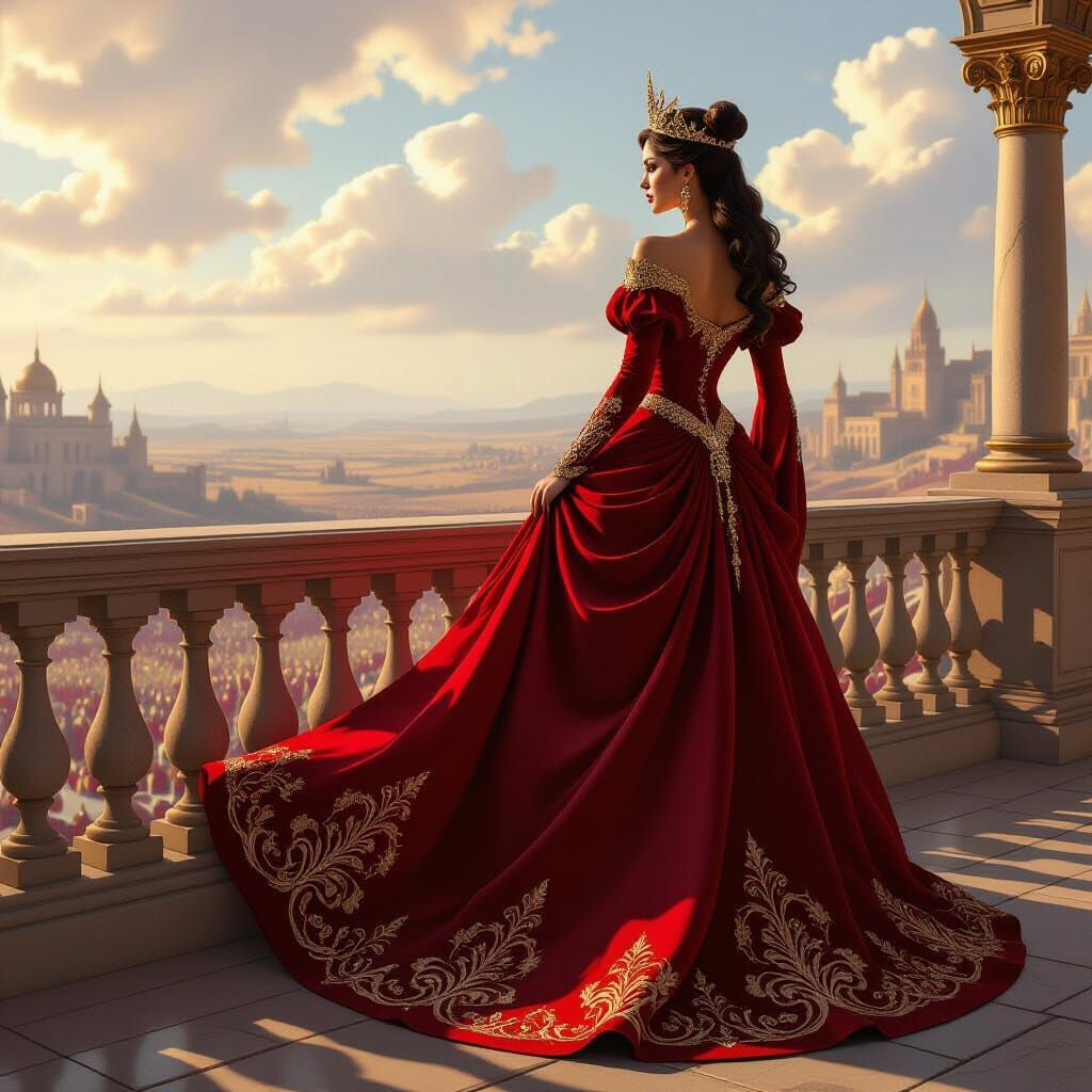A regal queen in a flowing, crimson gown embroidered with golden thread and precious jewels, stands on a balcony overlooking a vast, ancient...