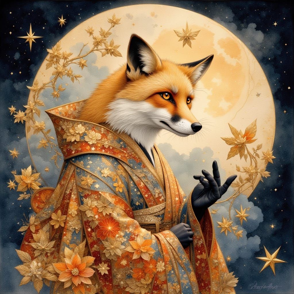 Fox in elegant kimono with gold embroidery