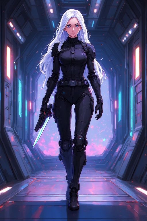 A STRIKING FEMALE SPACE BOUNTY HUNTER WITH LONG WHITE HAIR I...