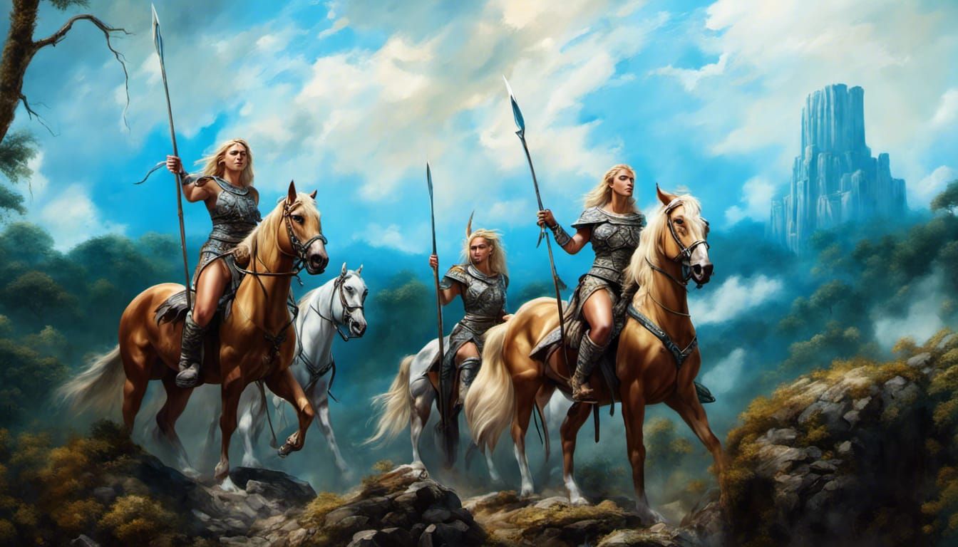 550 BCE blonde Amazon female Calvary warriors with bows prep...