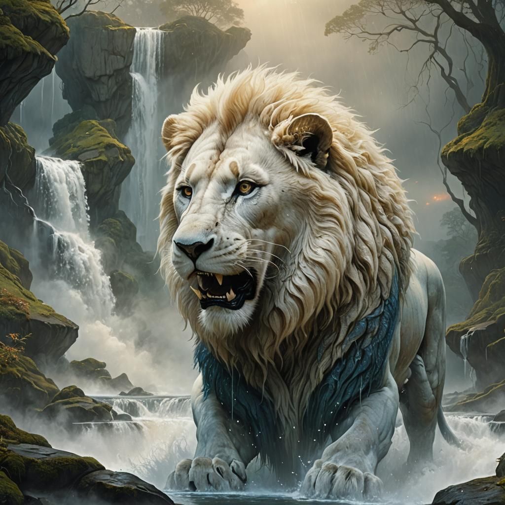 White Lion with Stream, Beksiński-Inspired Fantasy Art