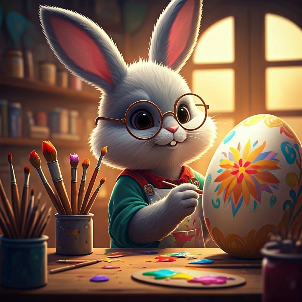 Chibi Easter Bunny Paints Vibrant Egg in Whimsical Hyperreal...