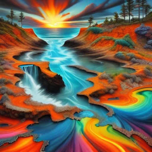 Digital Photo-illustration :: west coast sunset over the crashing waves :: otherworldly,  3d, hyperrealistic, 
hyperdetailed, sharp :: stunn...