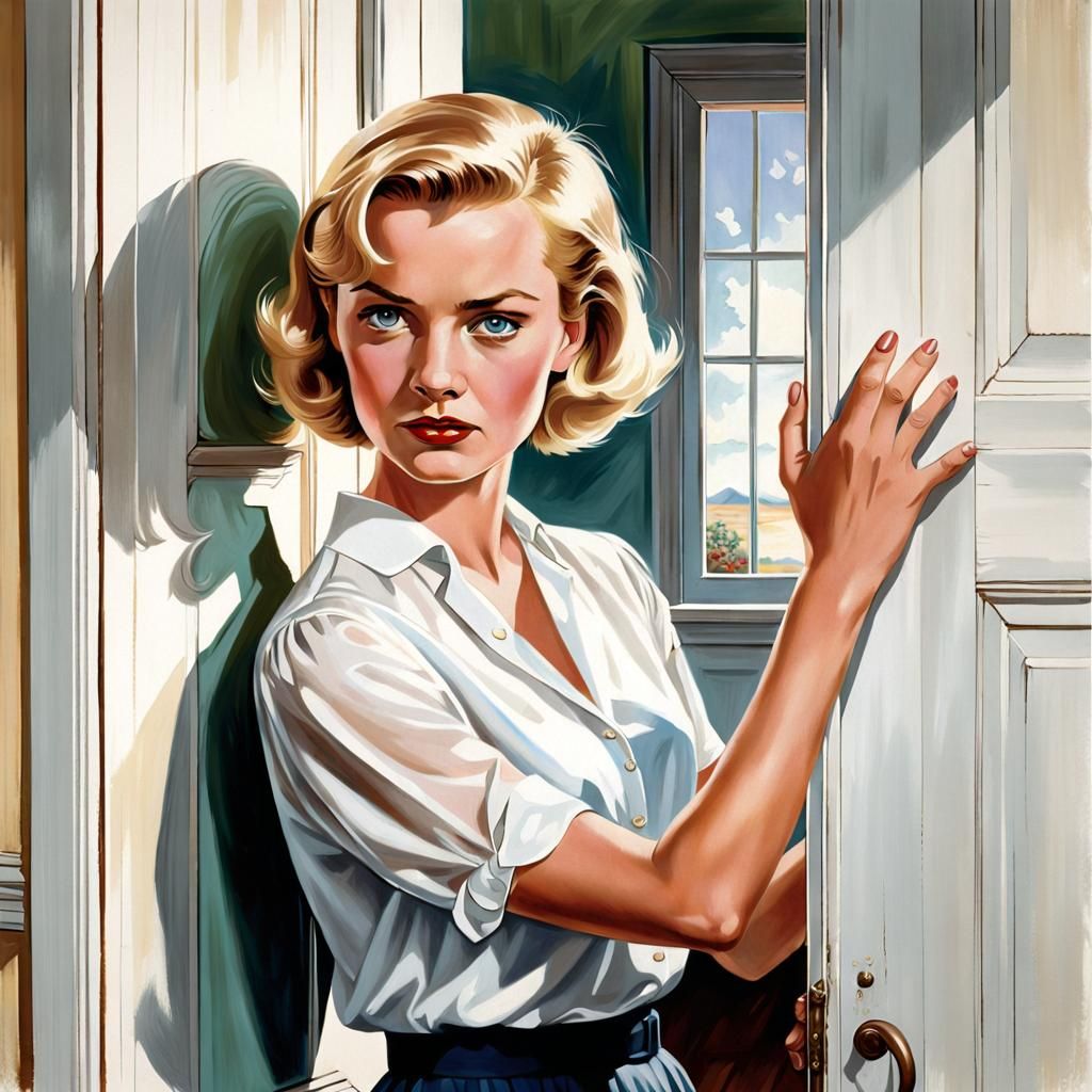 Waist up portrait of a pretty blond woman with short hair we...