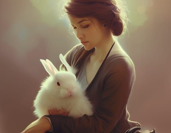 A woman sitting on a bench with her cute rabbit 3