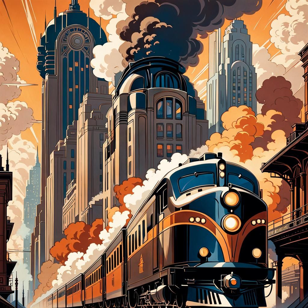 close up, railroad poster, with a train on tracks, smoke coming out of the stack with art deco New York ...  by @Carol
