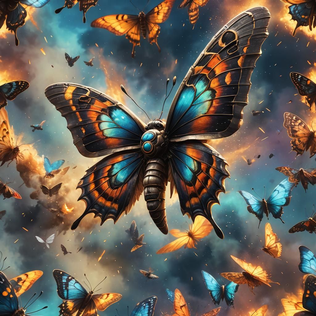 Mothra with glowing wings and dust faling from wings