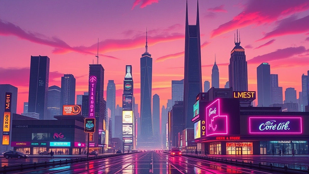 "A vaporwave-style image of a futuristic city skyline, with glowing neon signs and a purple-pink sky."