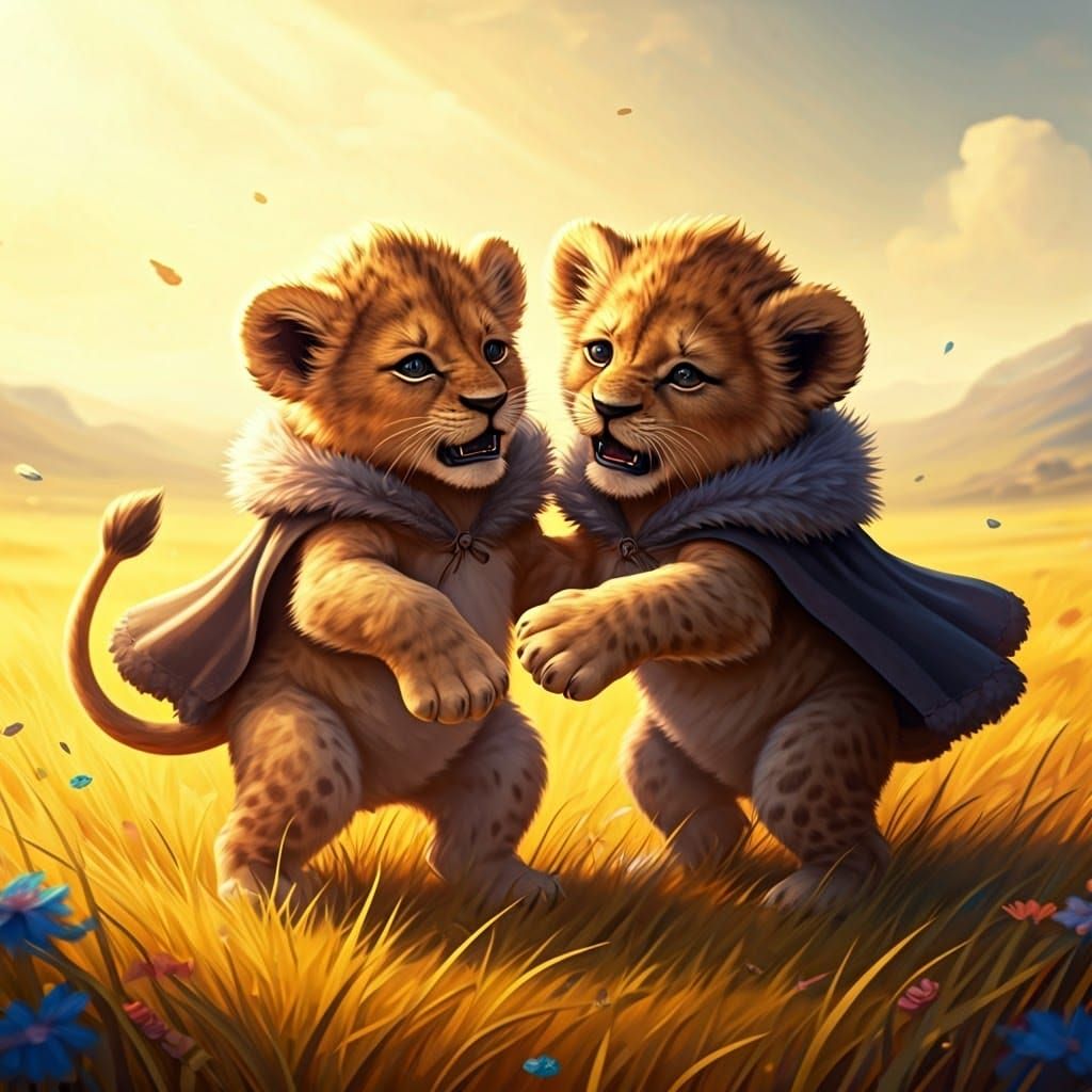 Lion Cubs Brawl in Hyper-Realistic Fantasy Landscape
