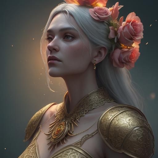 צבע ורד על רקע שילוב זהב וכסף עבים בהיר בתוך תמונה על השידה האדומה בשילוב פרחים זהב מט מפורט יותר עם פנינים לבנים וצהובי...