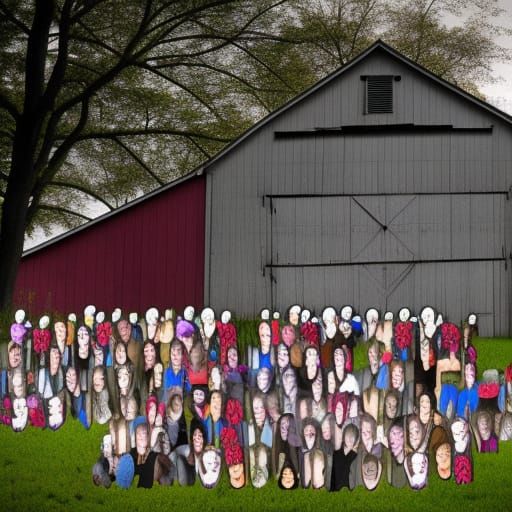 Group photo of dead people Infront of barn, distorted faces,...
