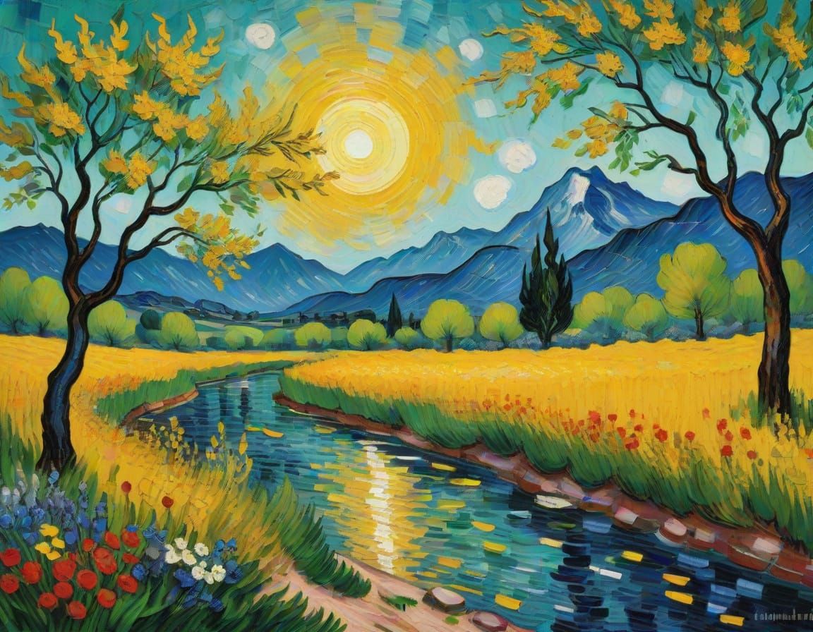 Vibrant Fauvist Masterpiece: Panoramic Landscape with Wildfl...