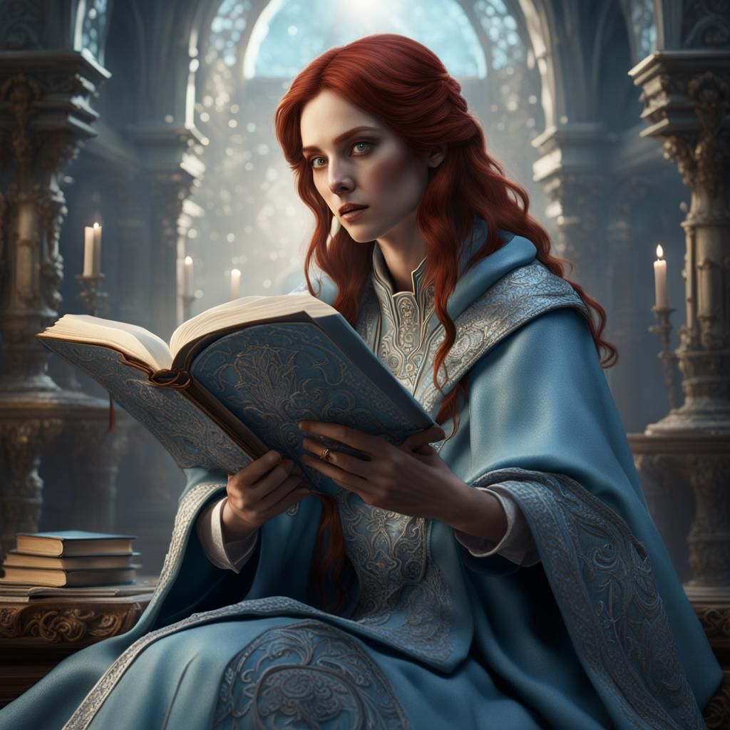 woman with auburn hair wearing a light blue cloak with silve...