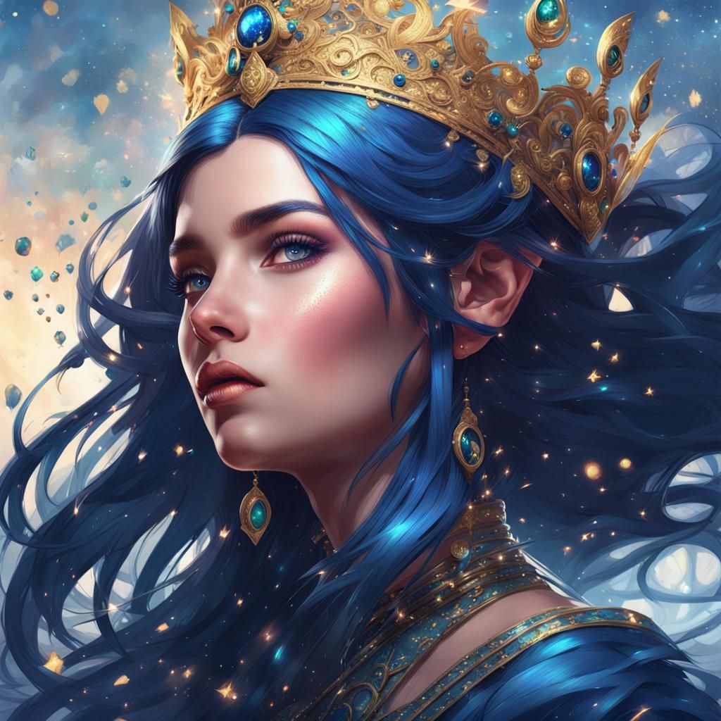 sparkly young fantasy queen with dark blue hair