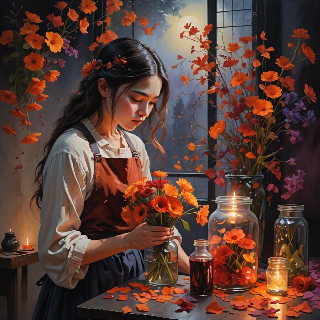 In the twilight of her cozy art studio, a young girl stands captivated by the bouquet she has meticulously ...  by @Sidra Sharif