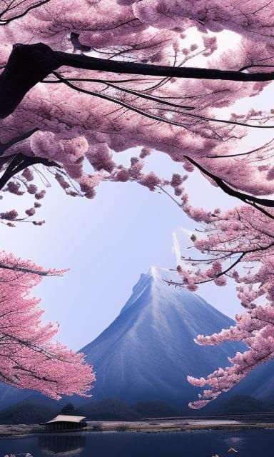 Sakura framing mountain