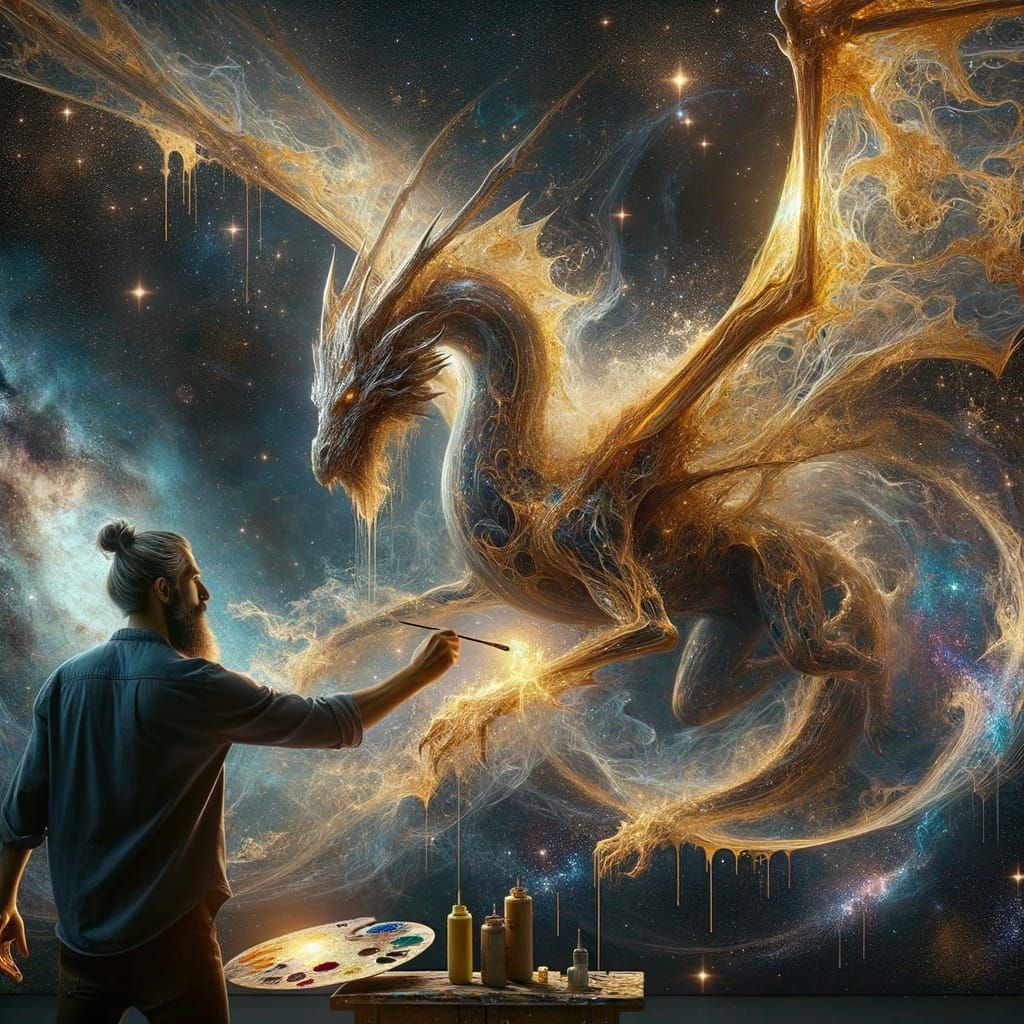 A bearded artist stands before a cosmic canvas ...  by @Gettafix