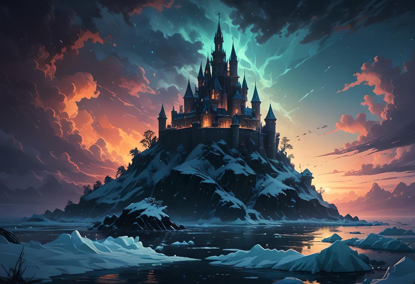 A majestic castle on a snowy island