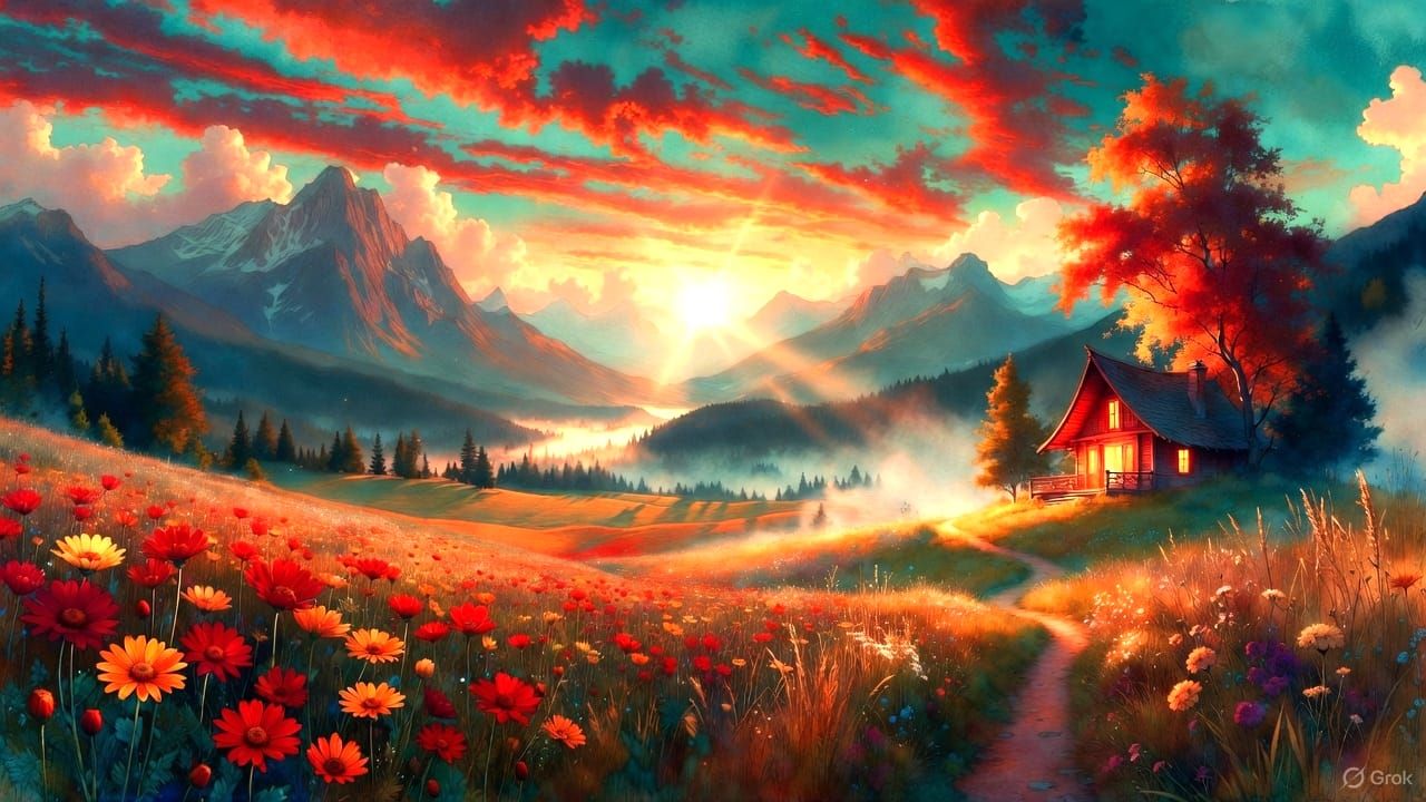 Breathtaking landscape painting illuminated by a radiant sun...