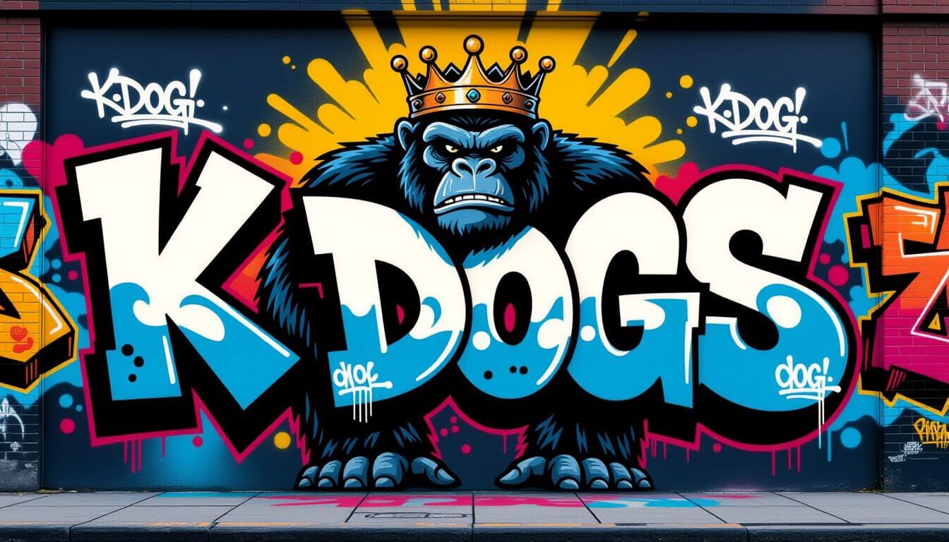  Graffiti art of "K dogs" in a stylized King Kong motif, tags "K dog", "K dogs", "graffiti K dogs" repeated and interwoven. Detailed matte p...
