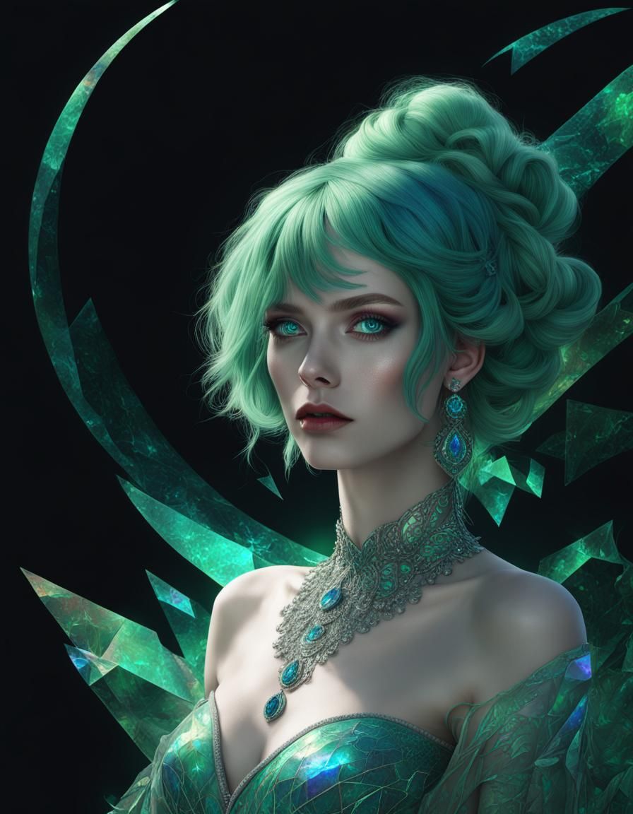 Ethereal surreal portrait of a young lady with green hair and blue eyes ...