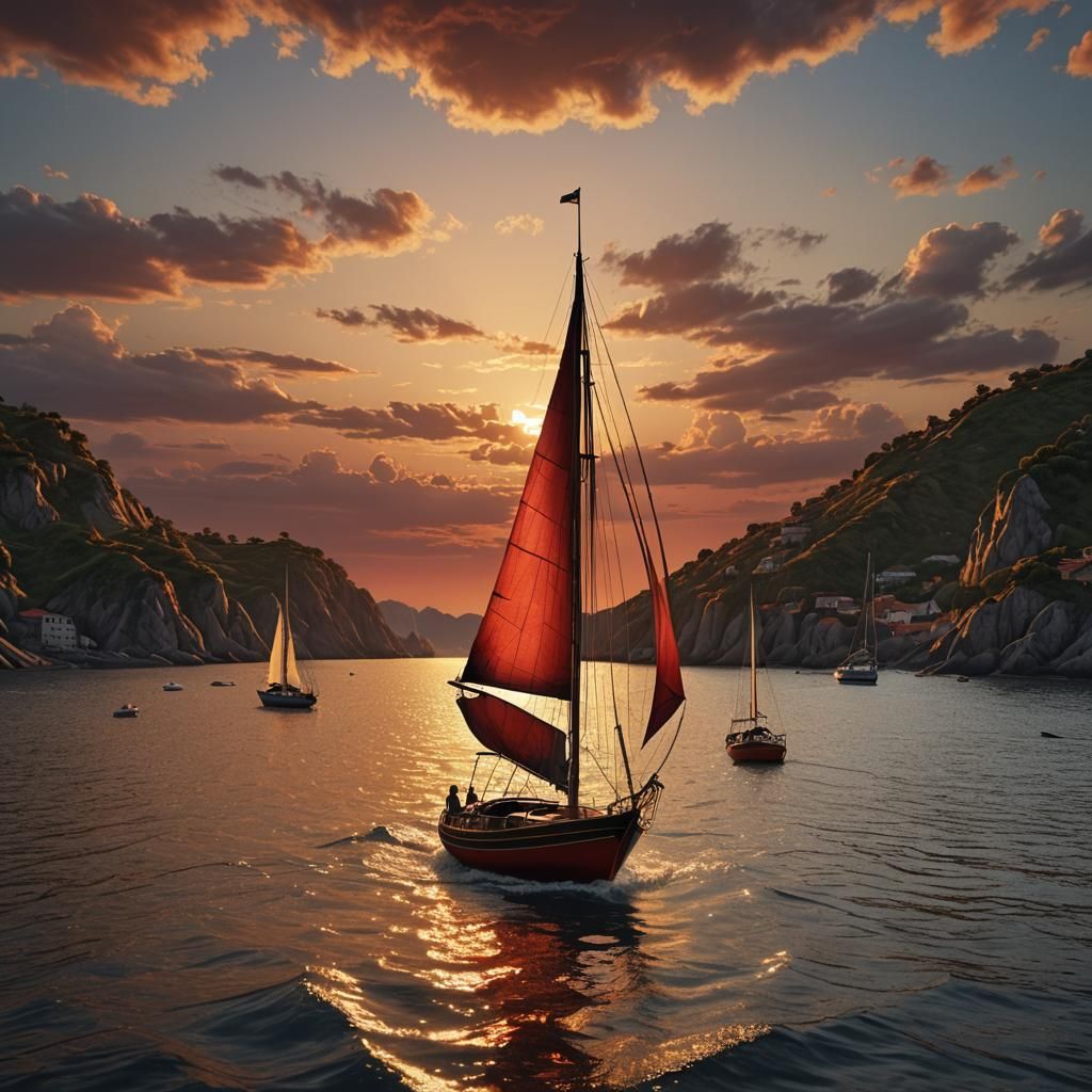 Detailed color image of a small sailboat at sunset, rich red...