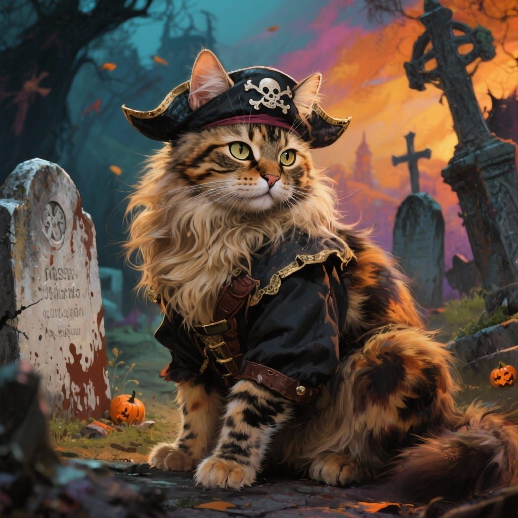 Hyperrealistic portrait of a very long haired tortie cat dressed up like a pirate for Halloween. The ...  by @GypsyLee
