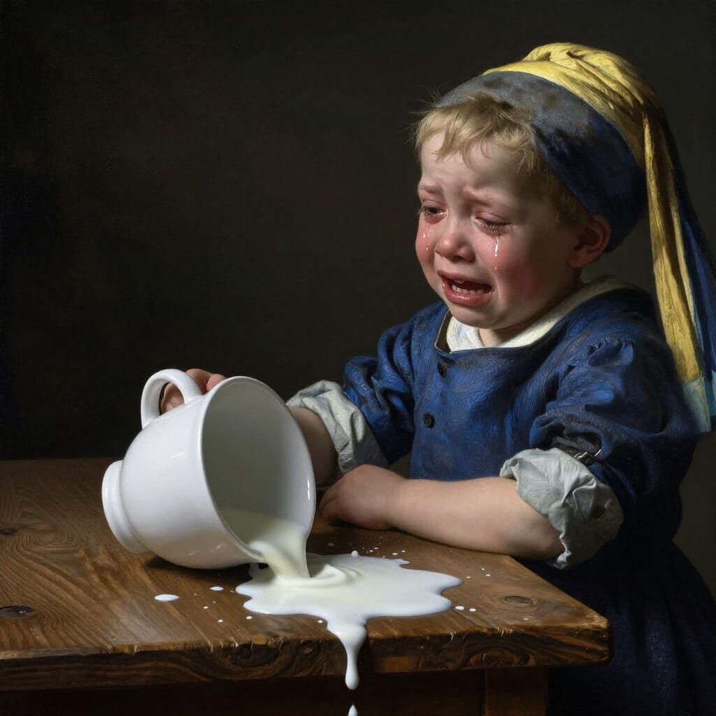 Boy Crying Over Spilled Milk in Dutch Golden Age Style