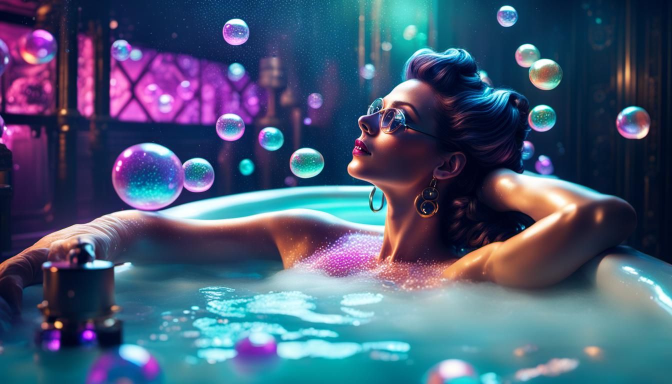 Steampunk Woman Soaks in Bubbly Bath of Neon Dreams