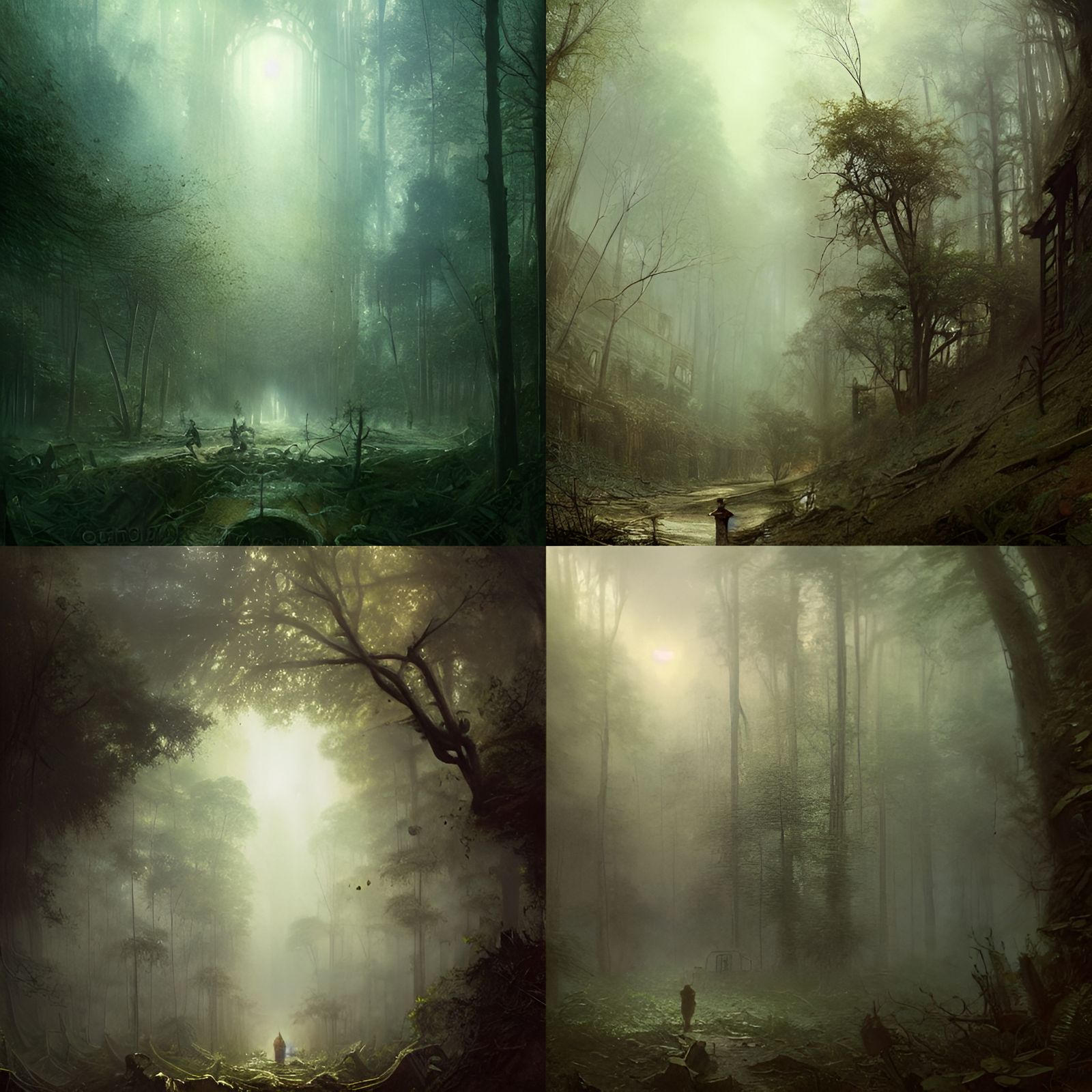 Overgrown deserted ghost town in a lush forest, horror Gusta...